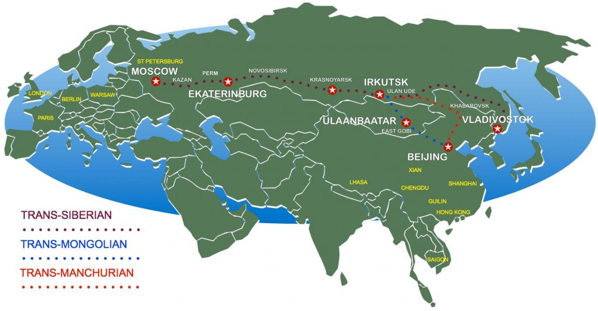 карта на Москва във Владивосток, влак по маршрута