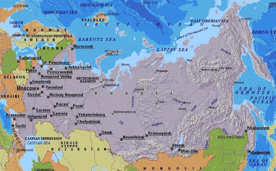 карта на Москва и Русия