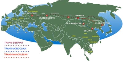 Карта на Москва във Владивосток, влак по маршрута